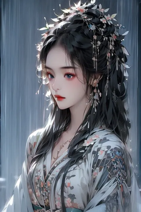 black hair, immortal cultivation, royal sister, white robe, hime cut, hair scrunchie, romanticism, gothic art, ray tracing, cine...