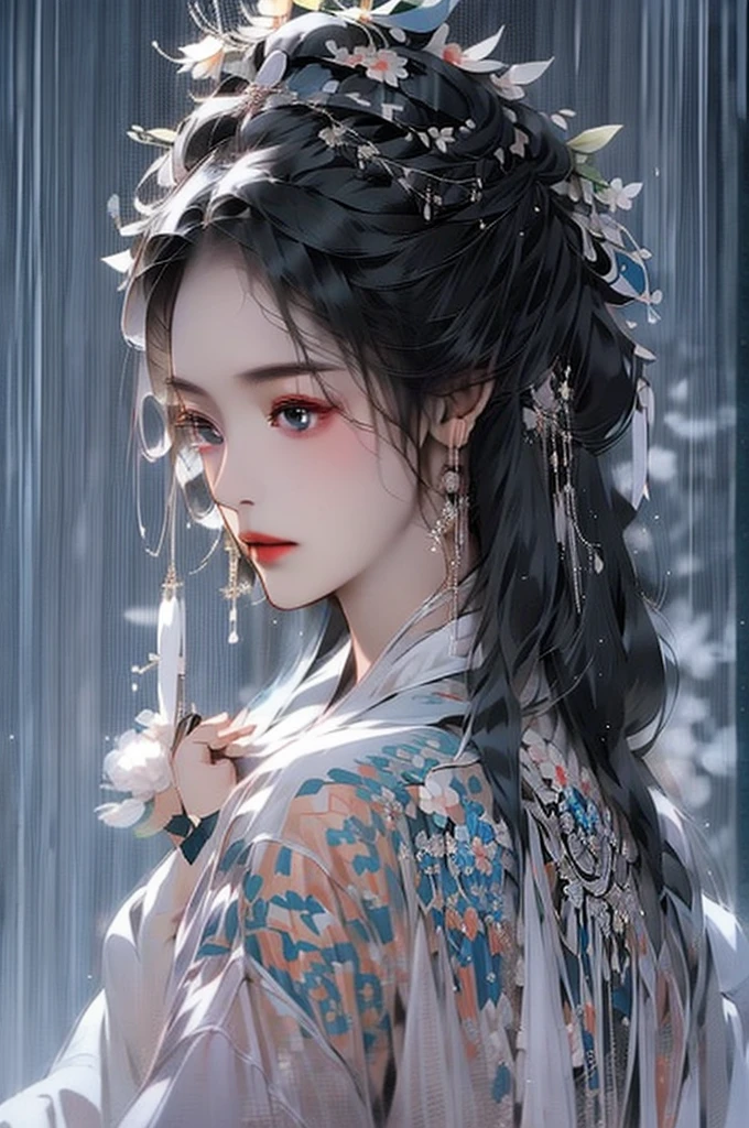 Black Hair, Immortal Cultivation, Royal sister, White Robe, hime cut, hair scrunchie, Romanticism, Gothic art, ray tracing, cinematic lighting, first-person view, Sony FE GM, tachi-e, anatomically correct, masterpiece