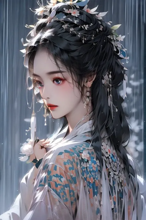 black hair, immortal cultivation, royal sister, white robe, hime cut, hair scrunchie, romanticism, gothic art, ray tracing, cine...