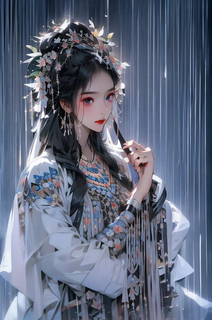 Black Hair, Immortal Cultivation, Royal sister, White Robe, hime cut, hair scrunchie, Romanticism, Gothic art, ray tracing, cinematic lighting, first-person view, Sony FE GM, tachi-e, anatomically correct, masterpiece