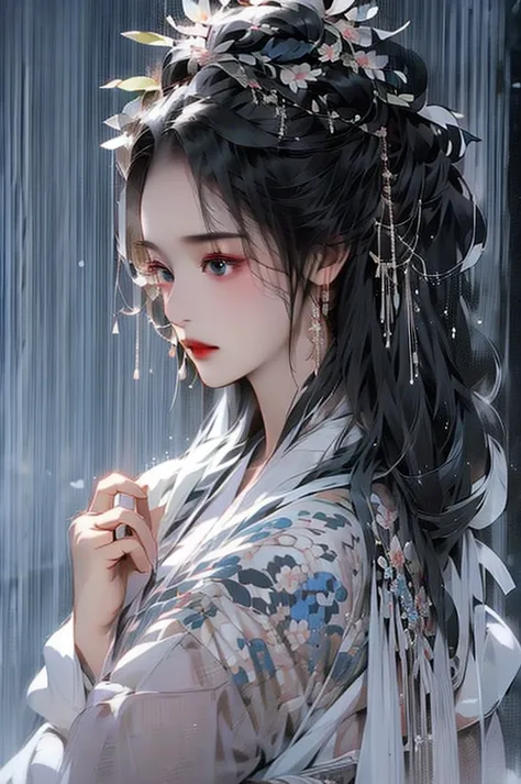 Black Hair, Immortal Cultivation, Royal sister, White Robe, hime cut, hair scrunchie, Romanticism, Gothic art, ray tracing, cine...