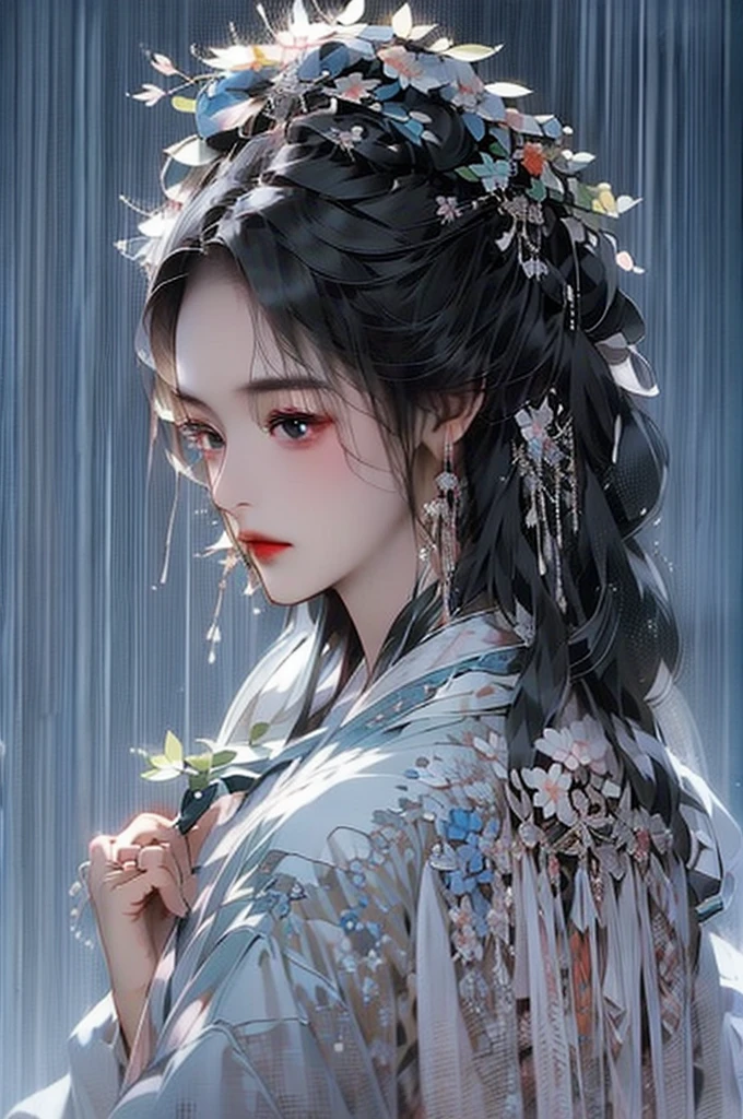 Black Hair, Immortal Cultivation, Royal sister, White Robe, hime cut, hair scrunchie, Romanticism, Gothic art, ray tracing, cinematic lighting, first-person view, Sony FE GM, anatomically correct, masterpiece