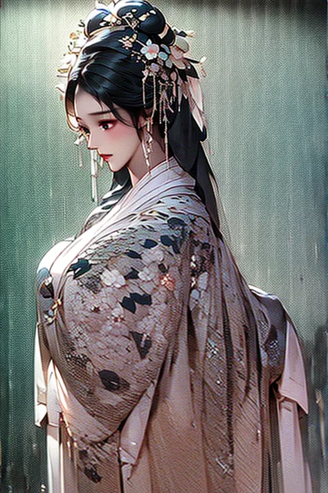 black hair, immortal cultivation, royal sister, white robe, hime cut, hair scrunchie, romanticism, gothic art, ray tracing, cine...