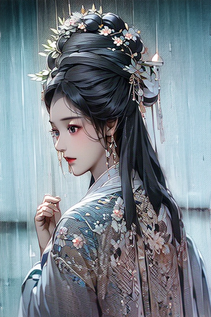 Black Hair, Immortal Cultivation, Royal sister, White Robe, hime cut, hair scrunchie, Romanticism, Gothic art, ray tracing, cinematic lighting, first-person view, Sony FE GM, tachi-e, anatomically correct, masterpiece