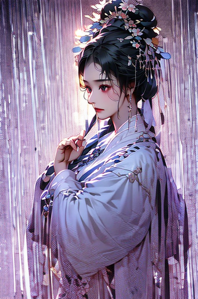 Black Hair, Immortal Cultivation, Royal sister, White Robe, hime cut, hair scrunchie, Romanticism, Gothic art, ray tracing, cinematic lighting, first-person view, Sony FE GM, tachi-e, anatomically correct, masterpiece