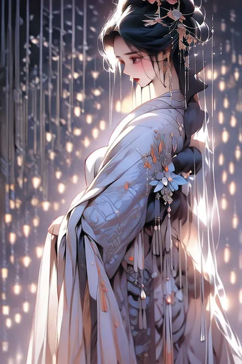 black hair, immortal cultivation, royal sister, white robe, hime cut, hair scrunchie, romanticism, gothic art, ray tracing, cine...