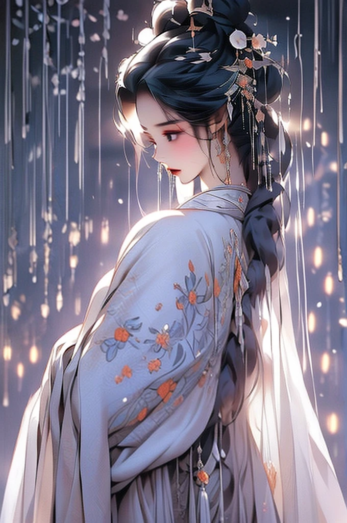 Black Hair, Immortal Cultivation, Royal sister, White Robe, hime cut, hair scrunchie, Romanticism, Gothic art, ray tracing, cinematic lighting, first-person view, Sony FE GM, tachi-e, anatomically correct, masterpiece