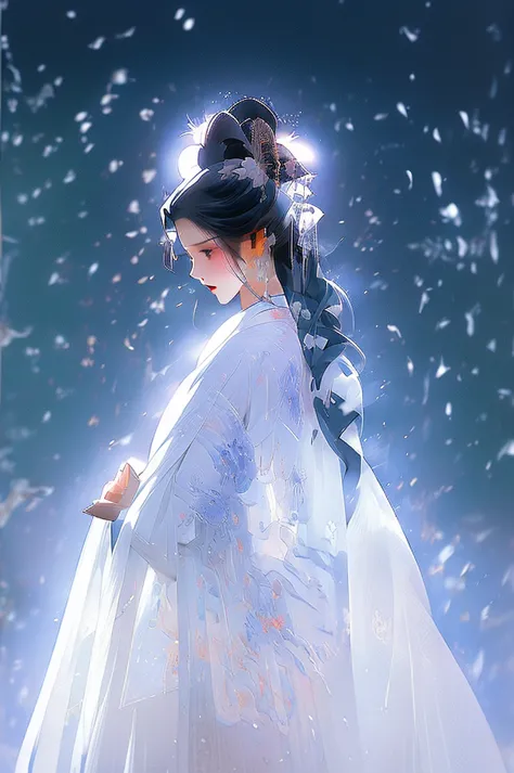 Black Hair, Immortal Cultivation, Royal sister, White Robe, hime cut, hair scrunchie, Romanticism, Gothic art, ray tracing, cine...