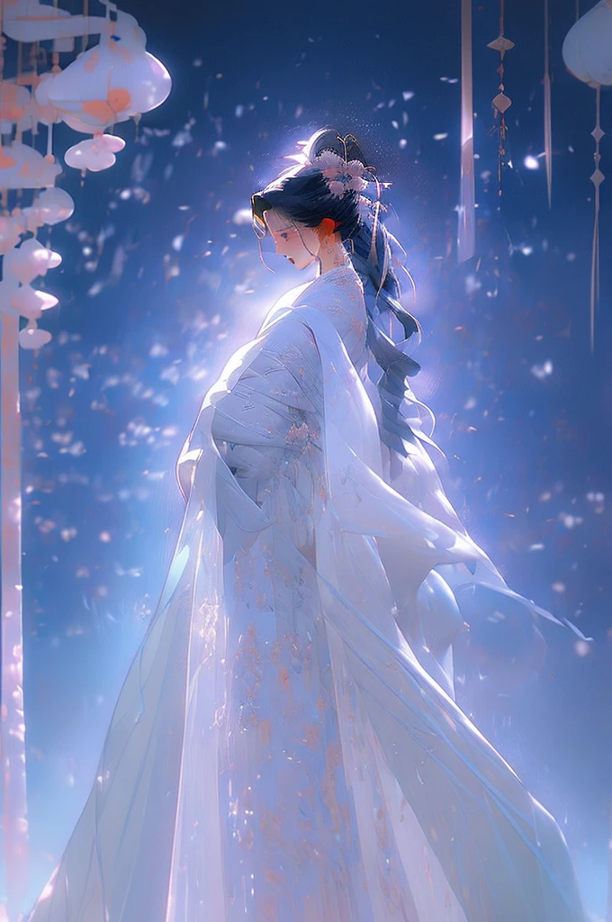 Black Hair, Immortal Cultivation, Royal sister, White Robe, hime cut, hair scrunchie, Romanticism, Gothic art, ray tracing, cinematic lighting, first-person view, Sony FE GM, tachi-e, anatomically correct, masterpiece