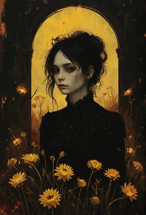 Her demon army took chrysanthemums and daffodils at the burnt ends., twilight, สารglow, glow,ภาพสีน้ำมัน