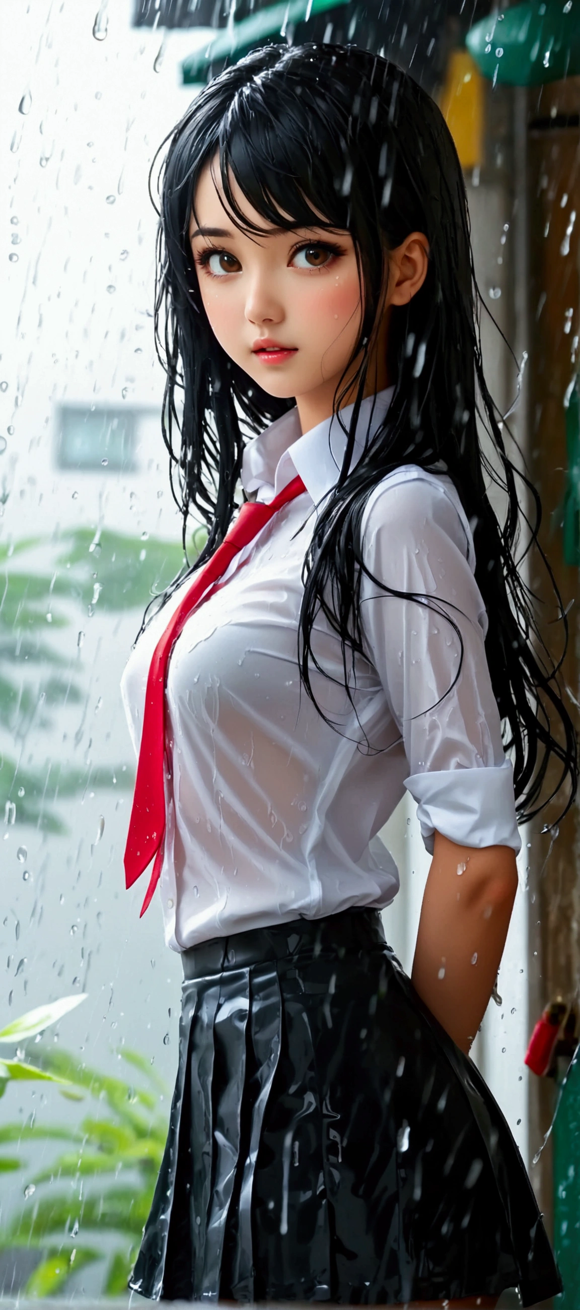 ((Nipples visible through a wet white shirt))、No underwear、Full body view、Long straight black hair、high school student、uniform、sexy、No bra、mini skirt、Japanese、17 years old、