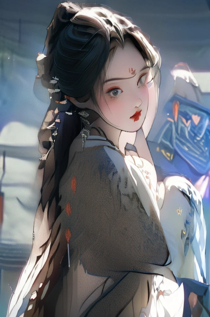 Black Hair, Immortal Cultivation, Royal sister, White Robe, hime cut, hair scrunchie, Romanticism, Gothic art, ray tracing, cinematic lighting, first-person view, Sony FE GM, tachi-e, perspective, high detail, Constructivism, drop shadow, anatomically correct, masterpiece