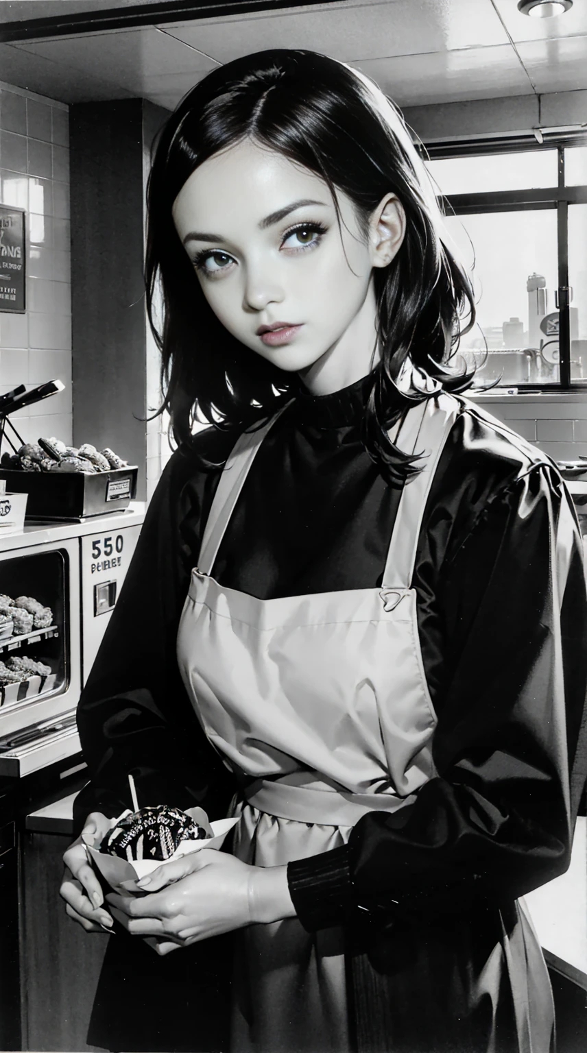 1950s fast food worker in the US, 1950s decor, 1950s clothing, 1950s hairstyles, detailed portrait, photorealistic, 8k, best quality, masterpiece, hyper detailed, cinematic lighting, warm color tones, vibrant colors, intricate details