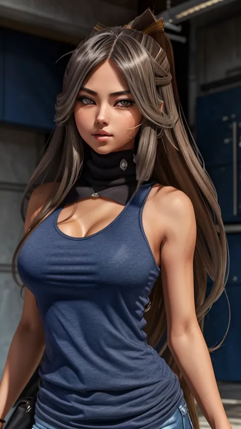 A unique illustrated character with a manga style, featuring long, straight hair in a blend of gray and light brown tones. Her l...