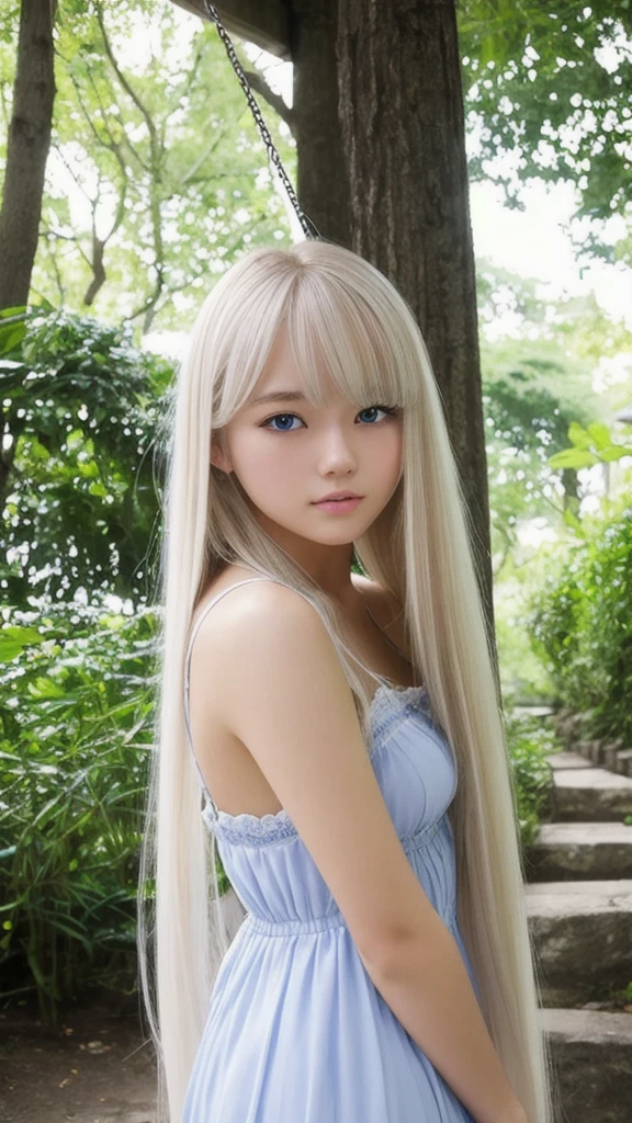 plein air、Swinging bangs、Very beautiful 18 year old cute girl、Young and beautiful white skin、Sexy and very beautiful、A very pretty face with ultimate beauty、Super long platinum blonde hair、Smooth, long, straight hair、Big, clear, blue eyes、Eyeliner、High ,Japanese