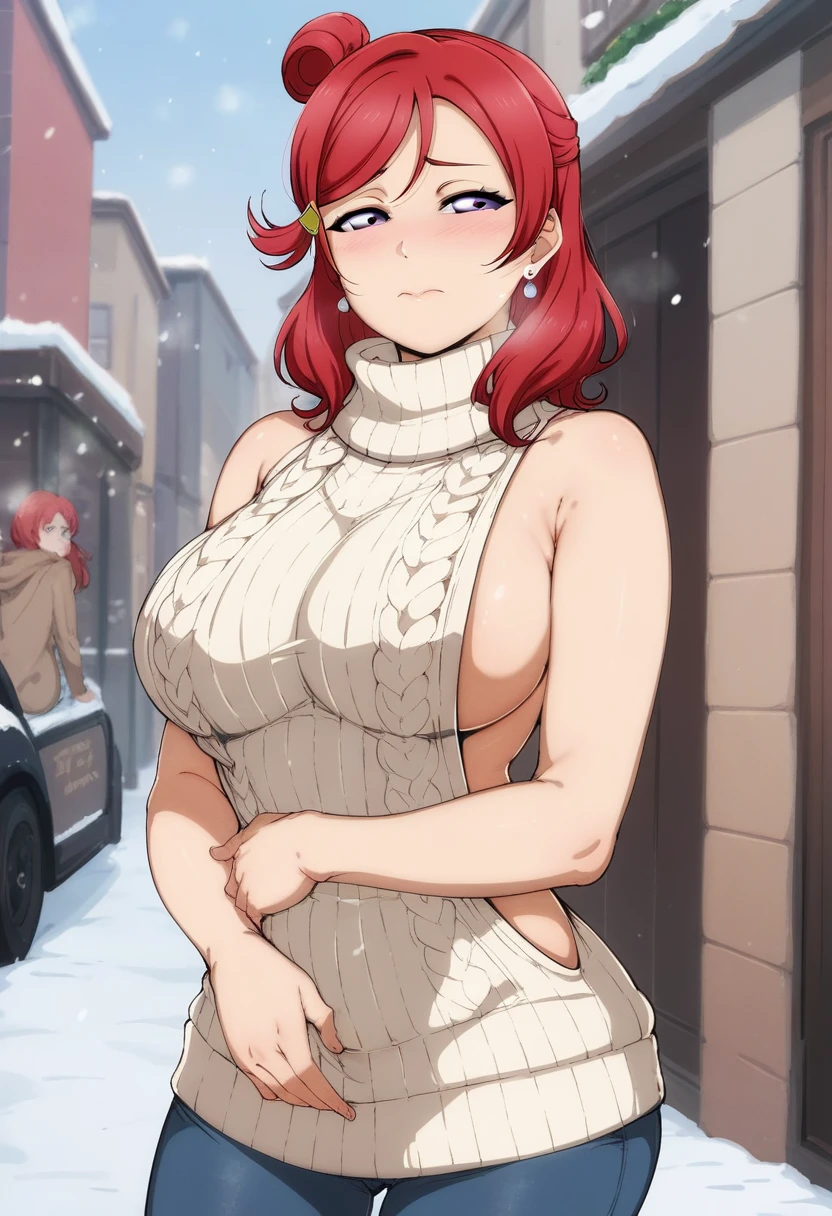 Masterpiece, love live,sexy,alp artstyle,facial details,solo, detailed body part details, cowboy shot,embarrassed, vergin killer sweater, big breasts,8k wallpaper, looking away, nishikino maki, earrings,in street,snow, purple eyes, half closed eyes,red hair ,wall ,pov