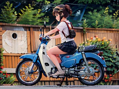 (high quality, high resolution, masterpiece) ，a cute girl riding a green honda super cub modified car with her legs spread，overs...