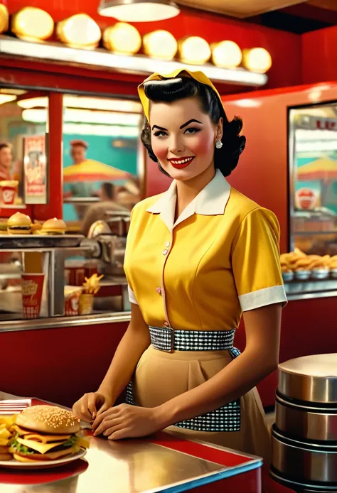 general shot of the scene,cuerpo entero, typical colors of the 50s era as an advertising poster: 1.5, fast food worker from the ...