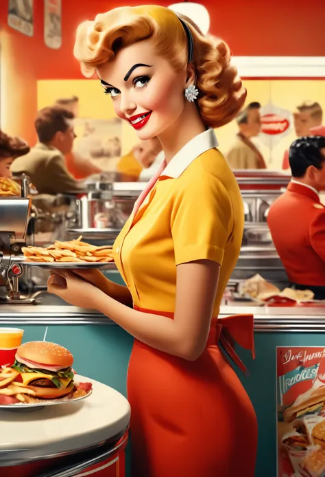 general shot of the scene,cuerpo entero, typical colors of the 50s era as an advertising poster: 1.5, Fast food worker from the ...