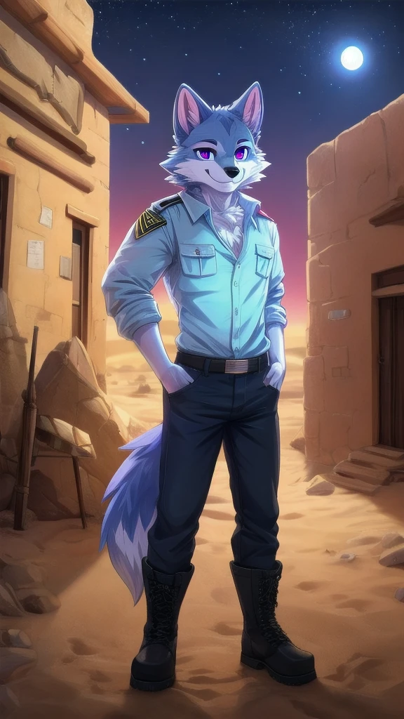 crea una imagen de un lobo peludo macho con pelaje azul oscuro ojos morados orejas internas rosadas nariz negra cristal azul en su pecho camisa negra con jeans negros y botas militares negras está sonriendo con la lengua hacia afuera anime furry fandom estilo de arte digital cuerpo completo en el que se encuentra un pequeño pueblo fantasma en el desierto es de noche