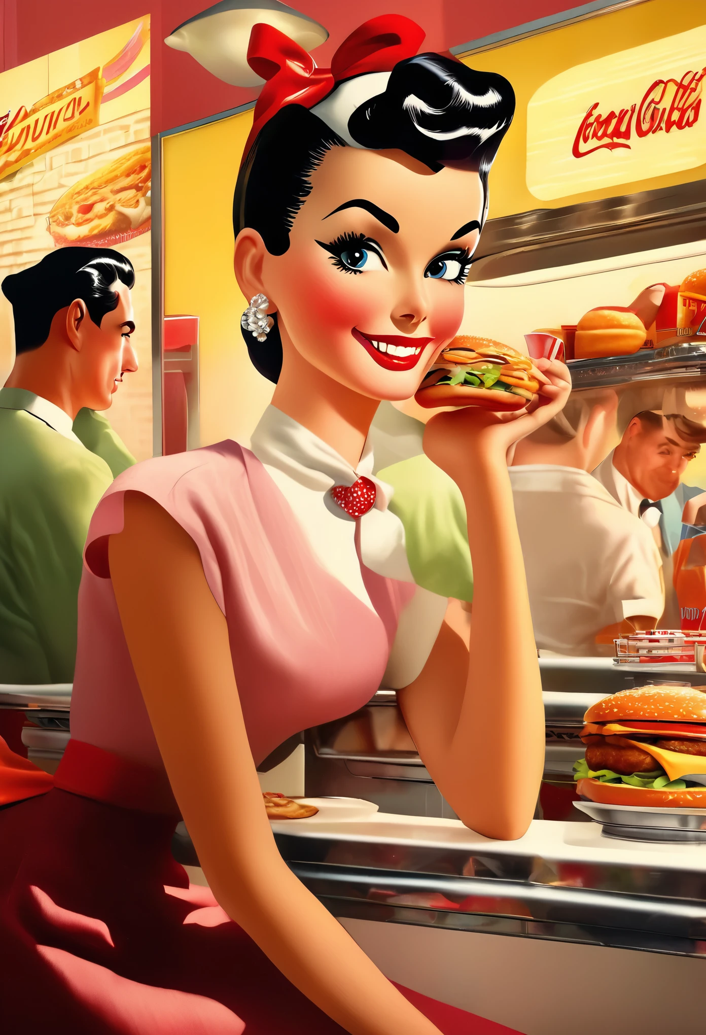 general shot of the scene,cuerpo entero, typical colors of the 50s era as an advertising poster: 1.5, Fast food worker from the 50s in the USA, decoration from the 50s, clothes from the 50s, hairstyles from the 1950s, detailed portrait, photorealistic, 8k, best quality, masterpiece, hyper detailed, cinematic lighting, warm color tones, vibrant colors, intricate details