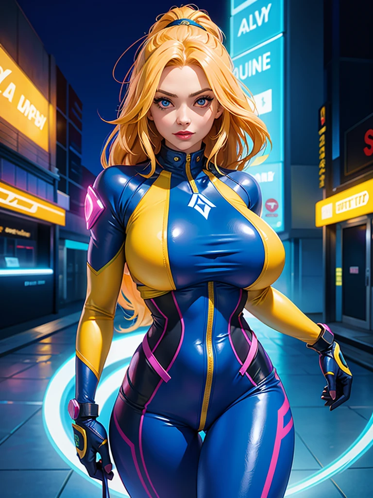 a digital painting of a woman with royal blue and yellow hair, wearing xmen rogue clothes, behance contest winner, afrofuturism, synthwave, neon, glowing neon, huge breast