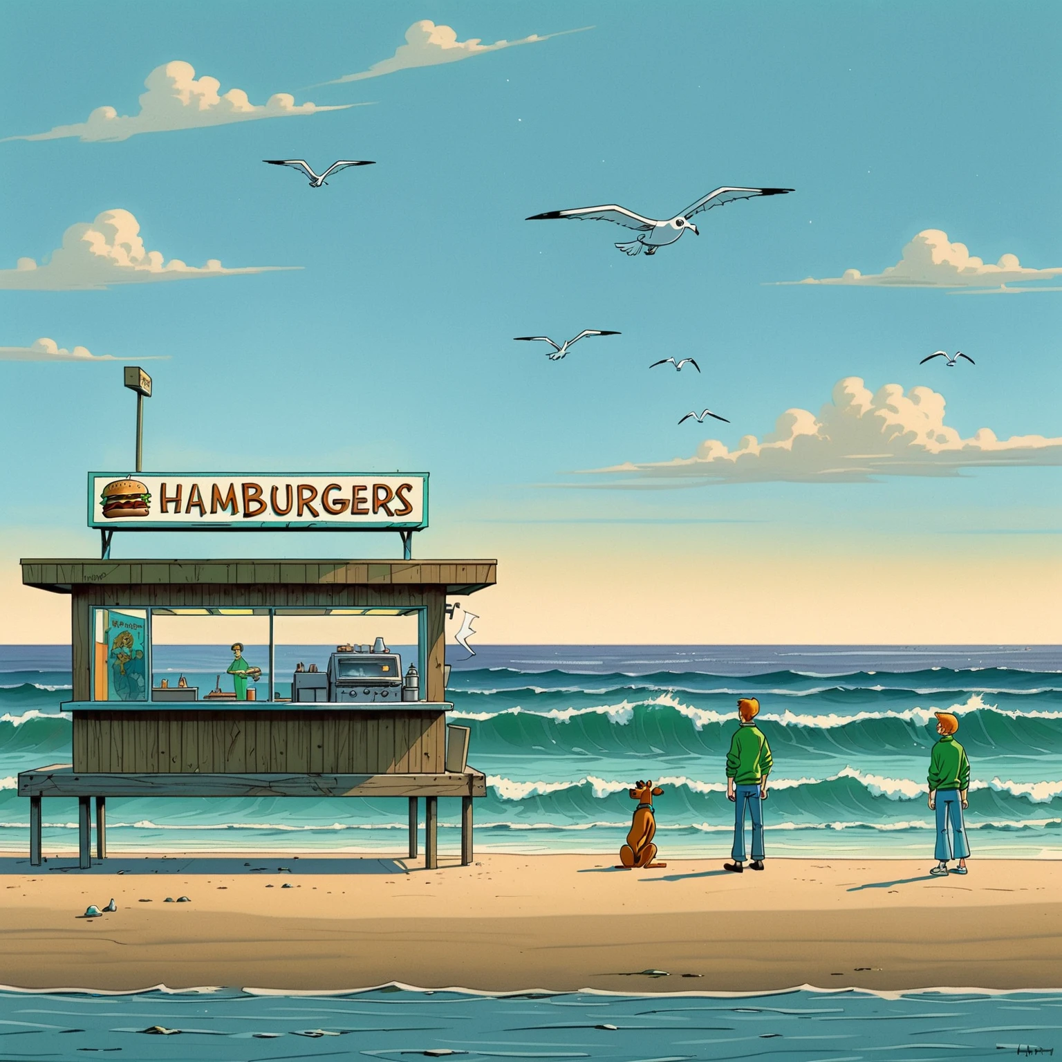 Scooby Doo distinct to original cartoon, ocean front fast food shack, operated by Scooby Doo and Shaggy, waves, sea breeze, seagulls,  The scene is minimal, serene, perfect, strange, candid, cinematic, surreal, and timeless. The hamburger grill is lost in space, standing against a blank canvas. The style is a mix of realism and cartoon, with 90s comic aesthetics, expressive ink work, cinematic compositions, and nuanced details. The style is reminiscent of Joelle Jones and 90's scooby doo animated tv show, shaggy wearing tropical green sweater, scooby doo distinct art style,

