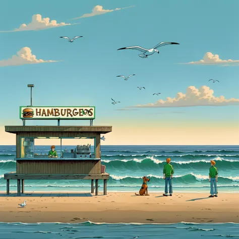Scooby Doo distinct to original cartoon, ocean front fast food shack, operated by Scooby Doo and Shaggy, waves, sea breeze, seag...