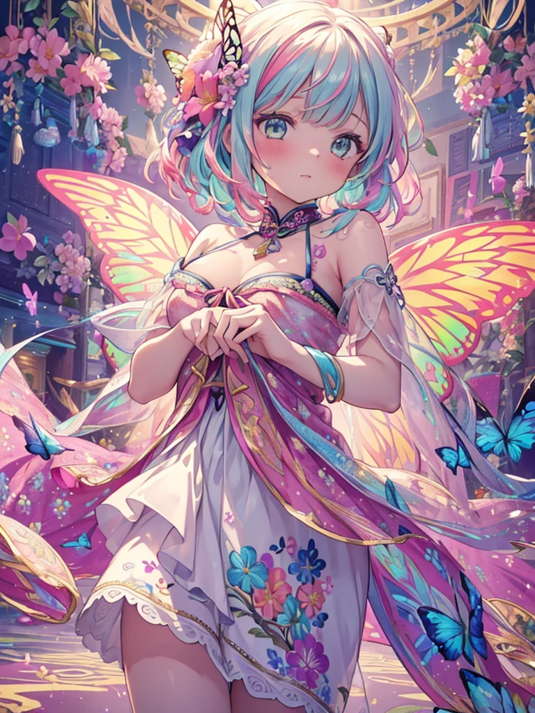 a beauty girl, Cute, Cute, Transparent, Beautiful, glinting, Leprechaun、Innocence, talent,Butterfly wings, tinker bell, Gentle, florals, Radiant, splatter step piece, Best Quality, of the highest quality, Official art, Beautiful and aesthetic: 1.2), (One girl: 1.3), Very detailed, (Fractal Art: 1.1), (Colorful: 1.1) (Floral pattern: 1.3) , Highest detail, (Zentangle: 1.2), (Dynamic Pose), (Abstract background: 1), (floral embroidery: 1.4), (Glossy skin), (Polychromatic: 1.4), Upper body, Hair Ornament