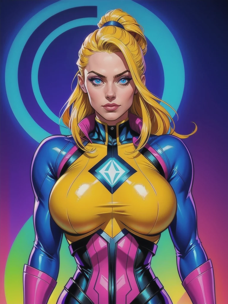 ロイヤルブルーと黄色の髪をした女性のデジタル絵画, XMENのローグの服を着て, Behanceコンテスト優勝者, アフロフューチャリズム, シンセウェーブ, ネオン, glowing ネオン, 巨大な胸