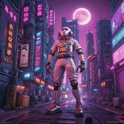 Create a digital artwork of moon man in a Cyberpunk setting. Pepe should be anthropomorphized, standing on two legs and wearing ...