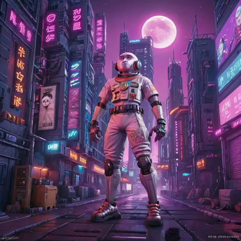 create a digital artwork of moon man in a cyberpunk setting. pepe should be anthropomorphized, standing on two legs and wearing ...