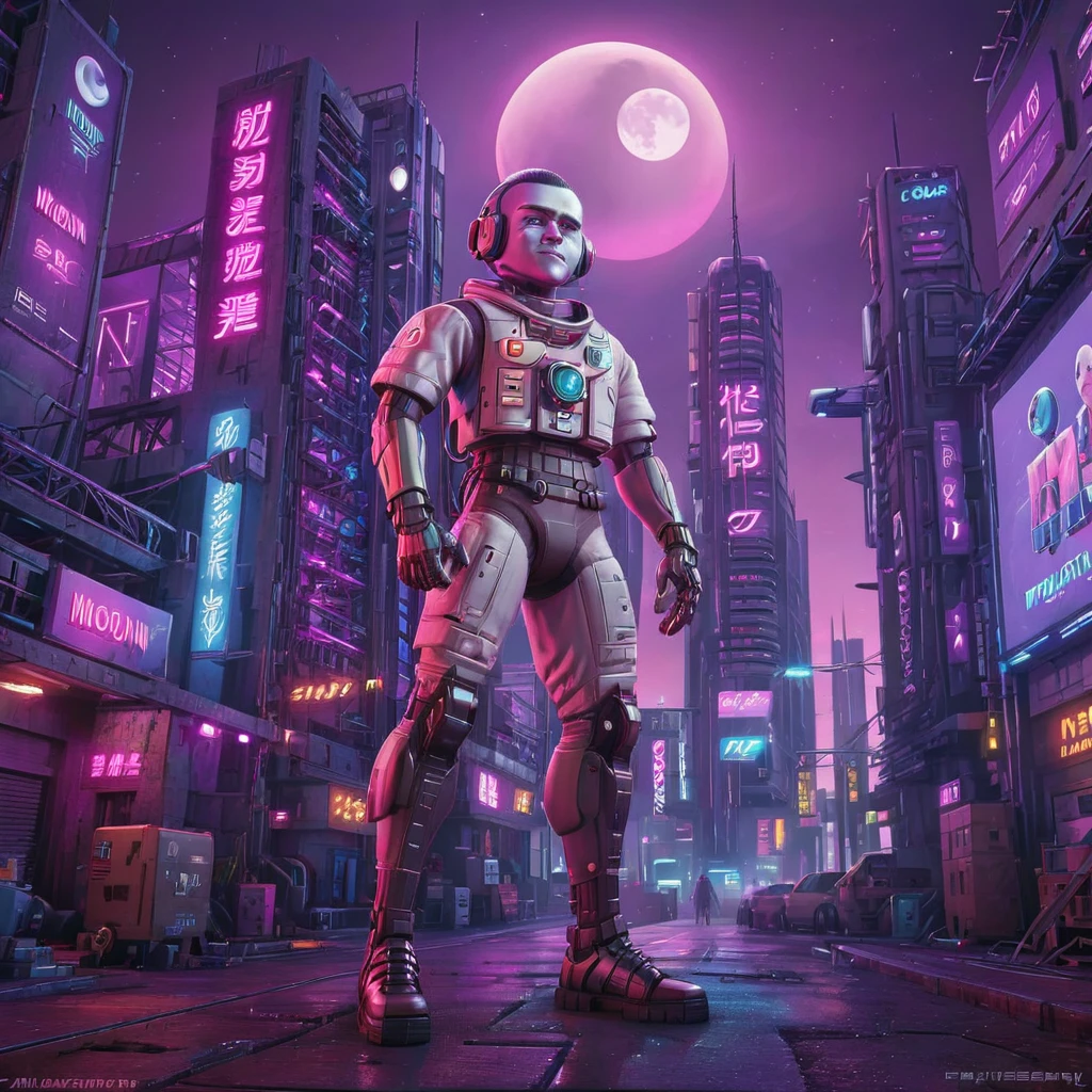 Crea una obra de arte digital del Hombre Luna en un entorno cyberpunk. Pepe debería ser antropomorfizado, De pie sobre dos piernas y vistiendo un atuendo futurista completo con detalles de neón, cybernetic implants, y accesorios de alta tecnología. El fondo debería ser un bullicioso paisaje urbano Cyberpunk, lleno de letreros de neón, imponentes rascacielos, y vehículos voladores. La expresión de Pepe debe ser de fría confianza, encarnando el espíritu rebelde del género Cyberpunk. La paleta de colores debe ser rica y vibrante, con un enfoque en el blues neón, rosas, y morados. La obra de arte debe ser muy detallada., capturando los intrincados diseños del atuendo de Pepe y la complejidad del mundo Cyberpunk que lo rodea 