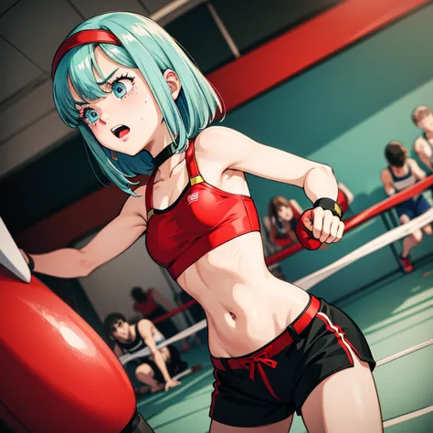 cute slim high school girl, boxing gym, being hit in the stomach, expression of pain, gritting my teeth to hold on, only a few m...