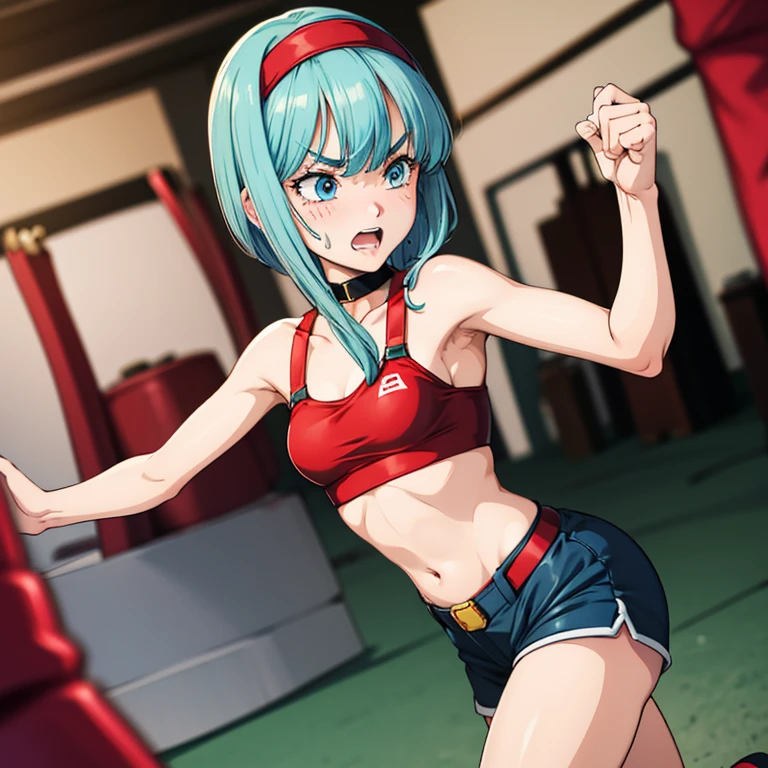 Cute slim high school girl, boxing gym, being hit in the stomach, expression of pain, gritting my teeth to hold on, only a few muscle tendons visible, short light blue hair, small breasts, Sleeveless, Short shorts,blue eyes