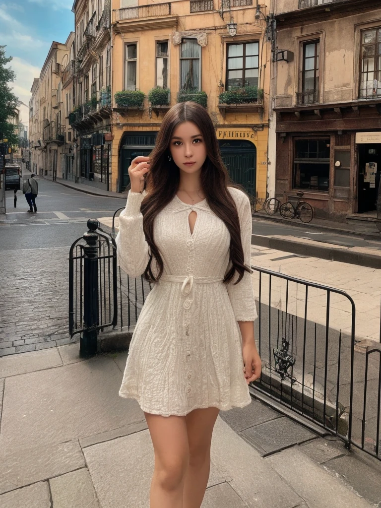 beautiful detailed girl, 1 girl, beautiful detailed eyes, beautiful detailed lips, extremely detailed face, long eyelashes, beautiful flowing dress, walking down a romantic european street, random street outfit, (best quality,4k,8k,highres,masterpiece:1.2),ultra-detailed,(realistic,photorealistic,photo-realistic:1.37),intricate background details, cinematic lighting, vivid colors, dramatic shadows, beautiful architecture, cobblestone street, romantic atmosphere, cinematic perspectiveエロく