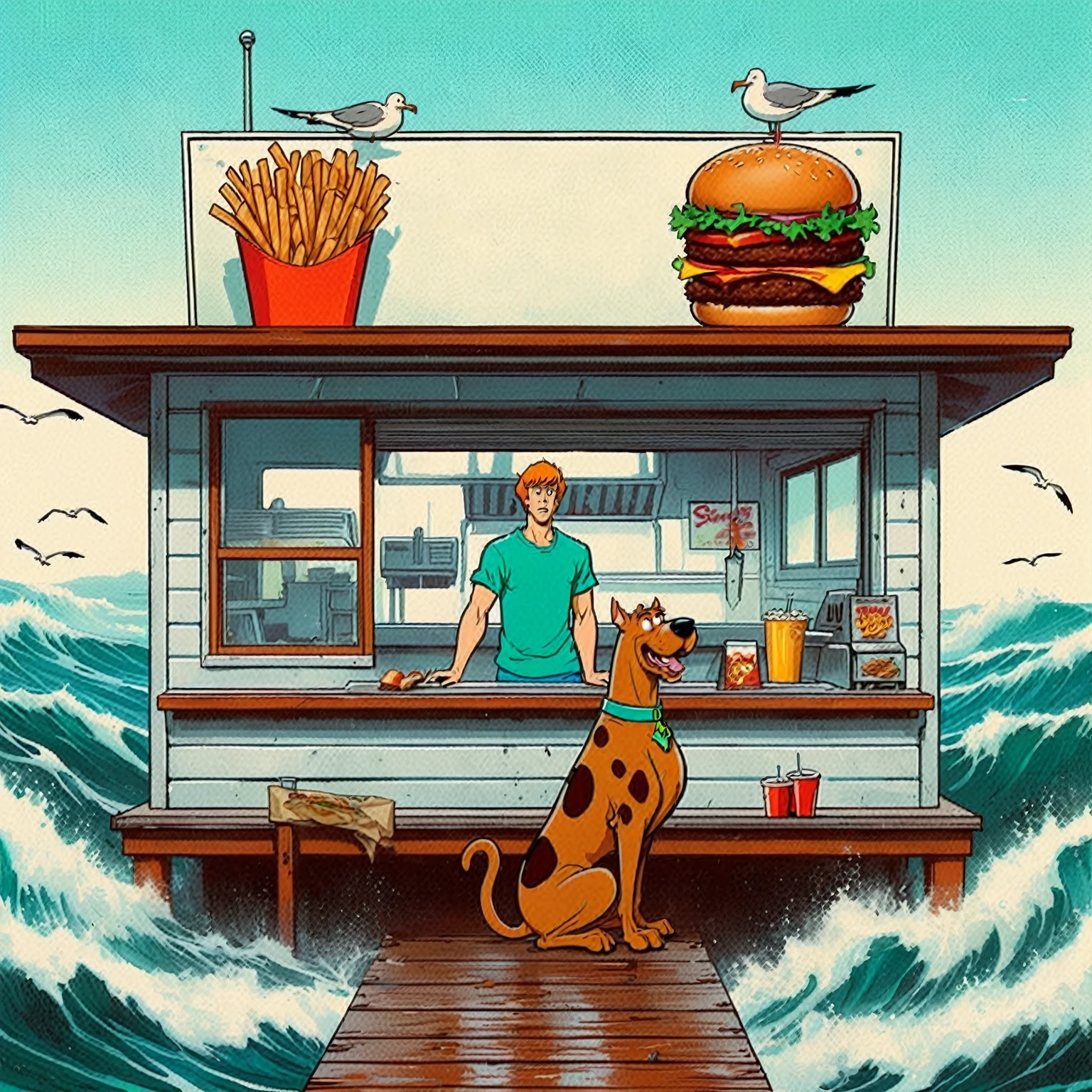 Scooby Doo unterscheidet sich vom Original-Cartoon, Fast-Food-Bude am Meer, betrieben von Scooby Doo und Shaggy, Wellen, Meeresbriese, Möwen,  Die Szene ist minimal, serene, perfekt, strange, offen, filmisch, surreal, und zeitlos. Der Hamburgergrill ist im Weltraum verloren gegangen, vor einer leeren Leinwand stehen. Der Stil ist eine Mischung aus Realismus und Cartoon, mit 90er Comic-Ästhetik, ausdrucksstarke Tuschezeichnung, filmisch compositions, und nuancierte Details. Der Stil erinnert an Joelle Jones und die Scooby-Doo-Zeichentrickserie der 90er, Shaggy trägt tropischen grünen Pullover, Scooby Doo unverwechselbarer Kunststil,

