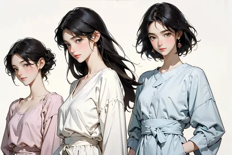 ((highest quality)), ((masterpiece)), (detailed), perfect face,arafe illustration of three women in different clothes, girls sta...