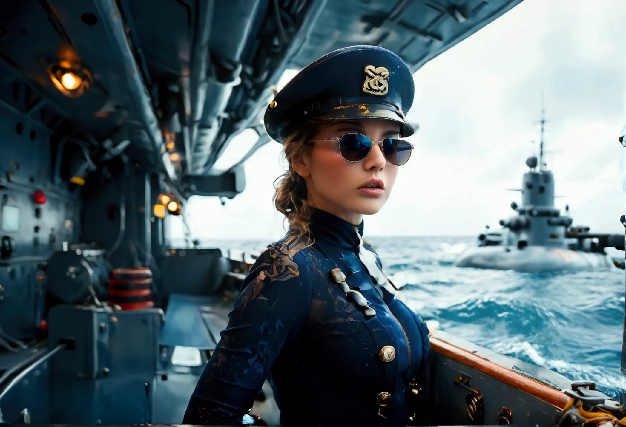 A stern woman (age 25, sexy navy costume, captain's hat, sunglasses), standing on the prow of a submarine speeding at the surfac...