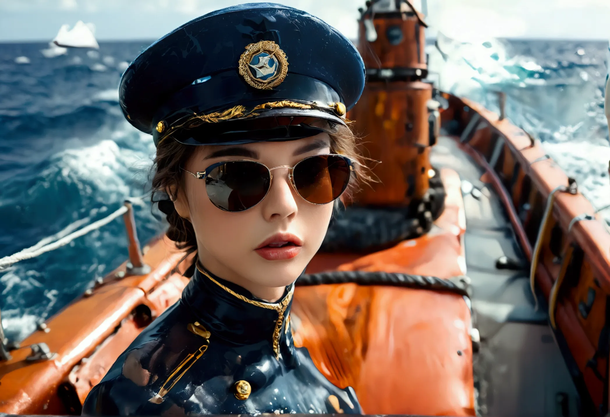 a stern woman (age 25, sexy navy costume, captain's hat, sunglasses), standing on the prow of a submarine speeding at the surfac...