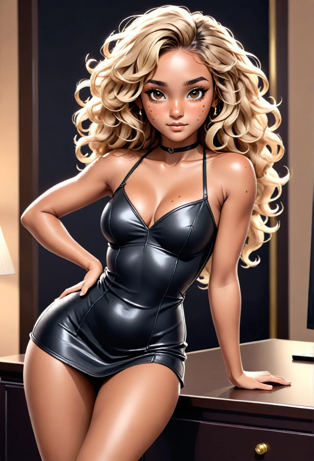 (young girll:1.9), (she wears a black minidress:1.4), blonde long curly hair, (tanned skin and muskular body:1.2), brown eyes, (dancing in a livingroom:1.3), (detailed skin texture, realistic skin pores, freckles, skin impurities:1.9), (24k resolution, highly detailed:2.0), (natural front light:0.8), masterpiece, (full body view:1.5)