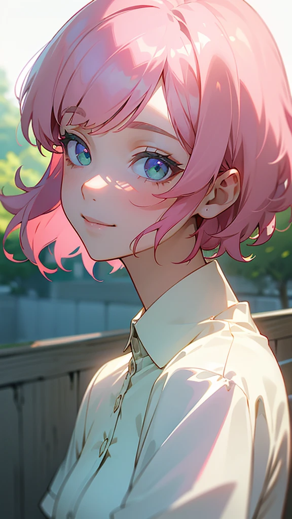 １girl、Trypophobia Eyes、Pink Hair、short hair、bangs、Green Eyes、Beautiful Eyes、White polo shirt、smile、profile、Face close-up、Morning Cafe Terrace、Background blur, Written boundary depth