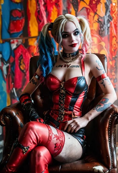 A woman dressed as a harley with colorful hair and a leather outfit -  SeaArt AI