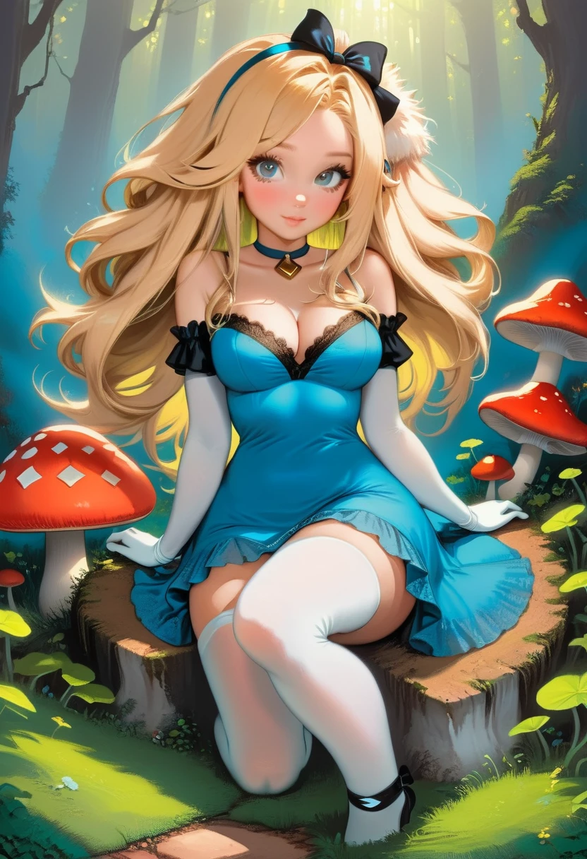 a beautiful 20 year old blonde woman with big messy hair in a blue dress, white stockings, black headband, cleavage, holding a glowing mushroom, fantasy art style, rossdraws cartoon vibrant, alice x. zhang, alice in wonderland cyberpunk, cute detailed digital art, colorfull digital fantasy art, digital fantasy art ), glossy digital painting, rossdraws pastel vibrant, rossdraws 2. 5, rossdraws 1. 0