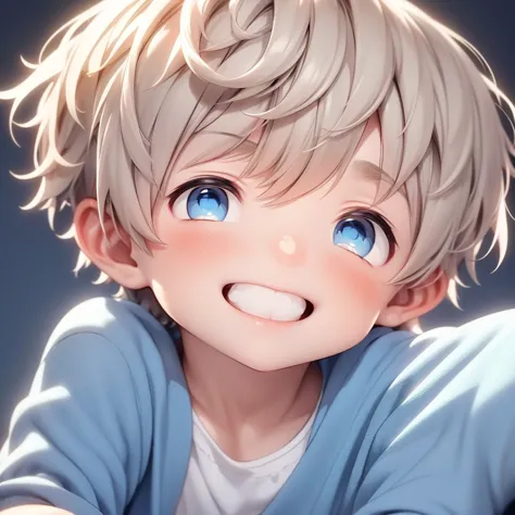 Beautiful boy with blue eyes and blond hair smiling with his teeth 