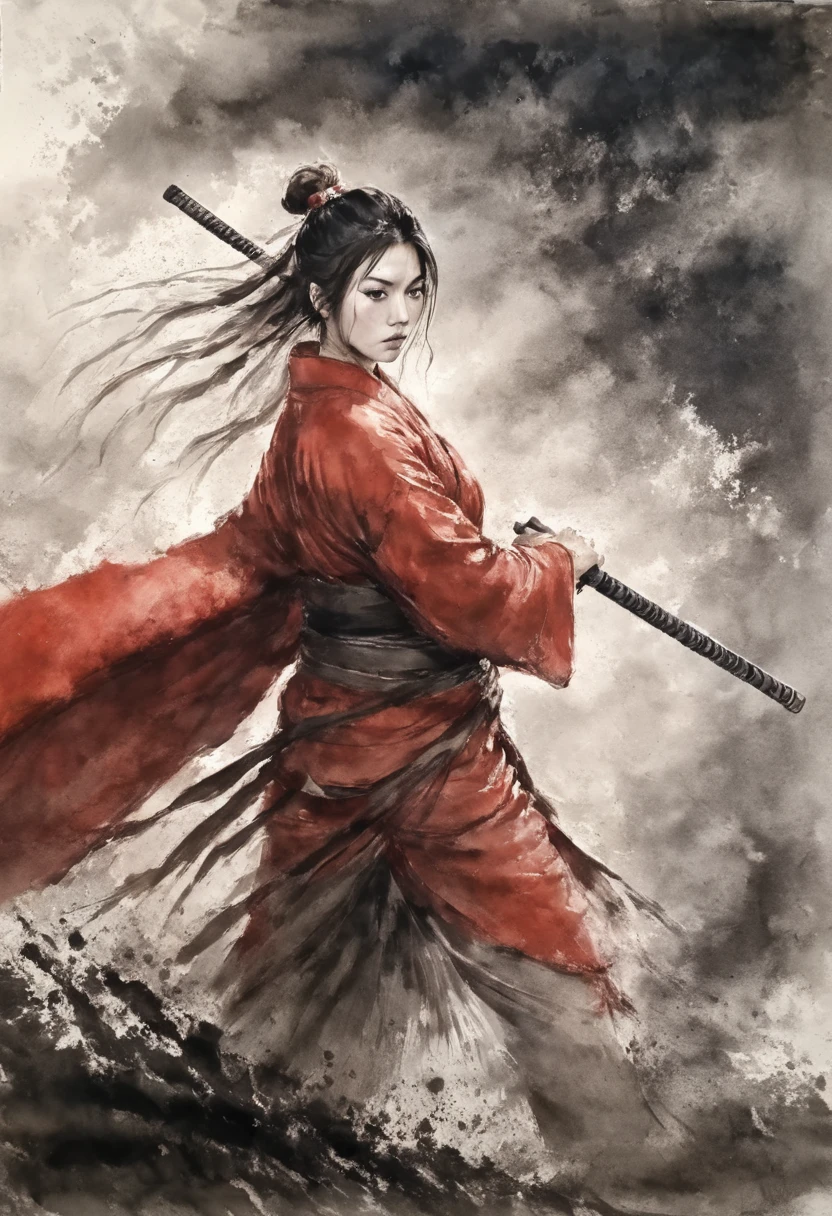 dynamic action shot, a Beautiful Asian woman, she is in red samurai armor mix with a yukata and without weapon, she is tall and grave, with red cords as a ribbon in her hair around a high ponytail and lines around her eyes, realistic, sharp skin, wielding a katana, dynamic pose, wide hips, long legs, charismatic, forgery with a forge and molten metal in the background, strong wind, 