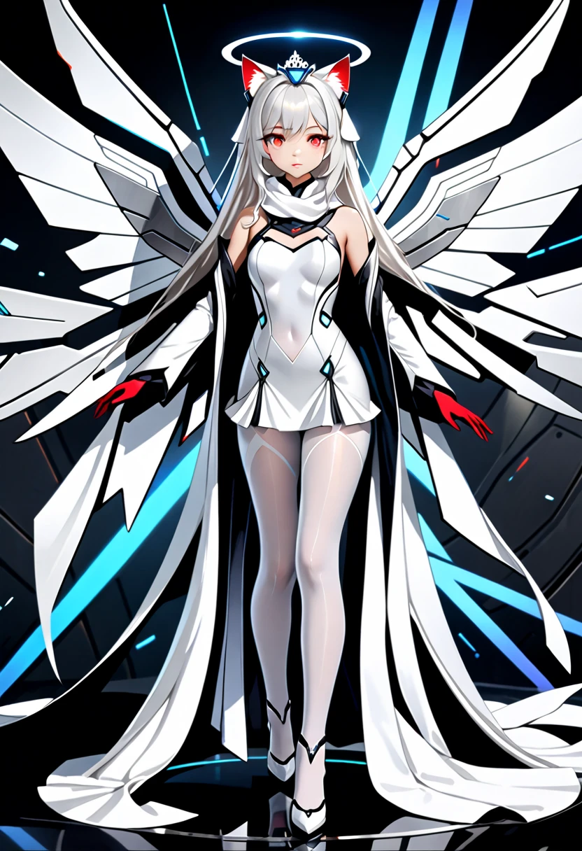 masterpiece, highest quality, highest resolution, clear_image,  photo realistic, detailed details, White hair, long hair, cat ears, 1 girl, red eyes, imperial wedding dress, white pantyhose, white scarf (around the neck), gray futuristic halo, futuristic wings, beautiful, full body, no water marks, laboratory, no extra limps, no extra body