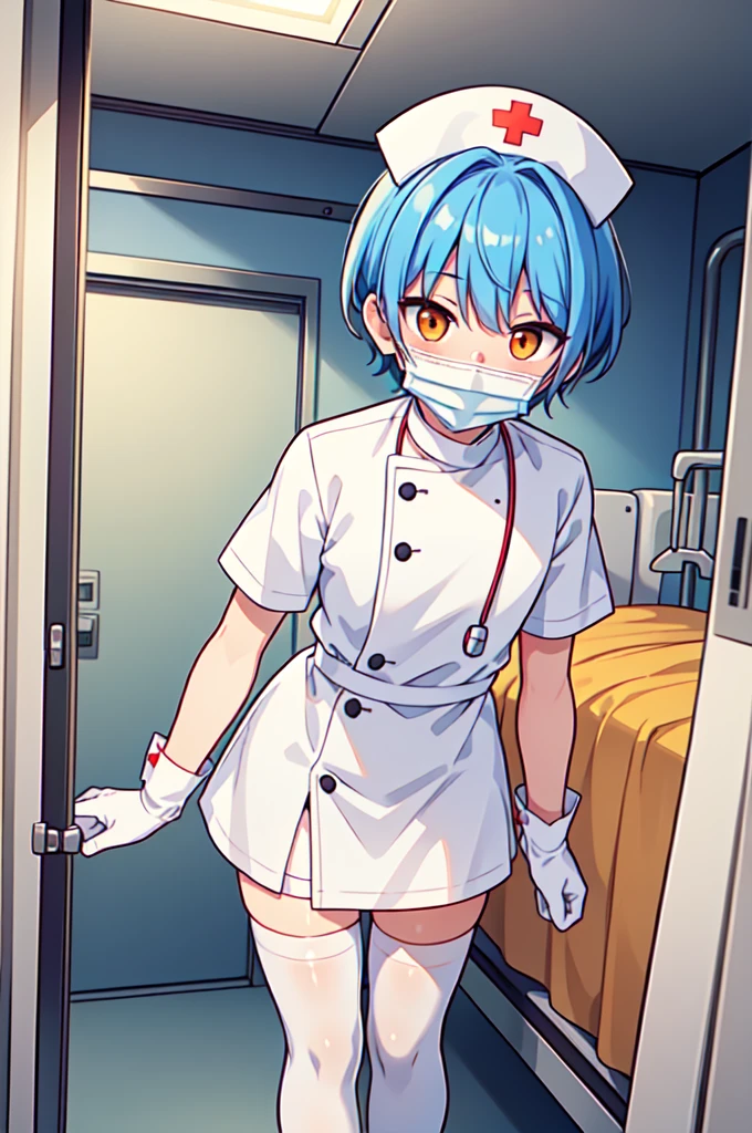 1boy, solo, male focus, nurse, white nurse cap, white nurse uniform, ((white legwear, zettai ryouiki)), white gloves, bobcut, blue hair, orange eyes, ((white surgical mask, covered nose)), standing, ((hospital room)), sharp outline, short sleeves, shota, 12 years old, best quality, masterpiece