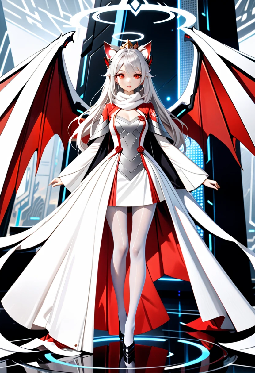 masterpiece, highest quality, highest resolution, clear_image, photo realistic, detailed details, White hair, long hair, cat ears, 1 girl, red eyes, imperial wedding dress, white pantyhose, white scarf (around the neck), gray futuristic halo, futuristic dragon wings, beautiful, full body, no water marks, laboratory, no extra limps, no extra body