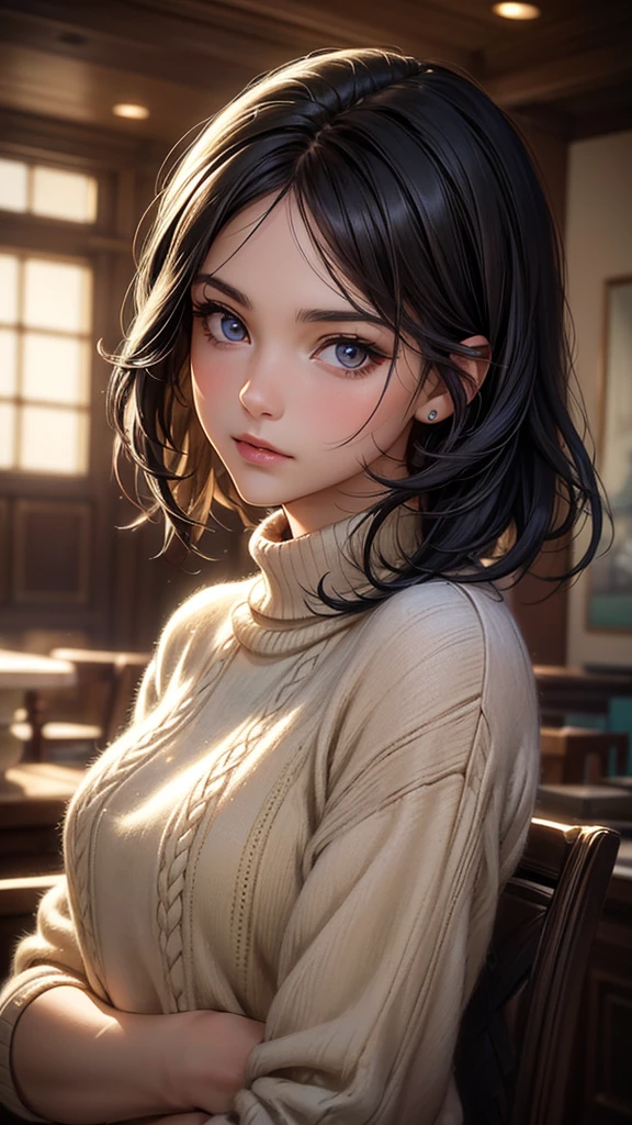 (work of art:1.3), (8K, photorrealistic, CRU photo, best qualityer: 1.4), (1 girl), beautiful  face, (lifelike face), (Bblack hair, shorth hair:1.3), beautiful hairstyle, realisticeyes, beautiful detailed eyes, (realisic skin), beautiful fur, (Sweater), absurderes, appealing, ultra high resolution, ultra realistic, highy detailed, golden ratio